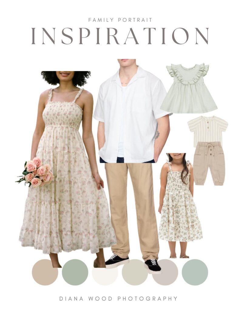 Family outfit inspiration with sage green, cream, and soft florals